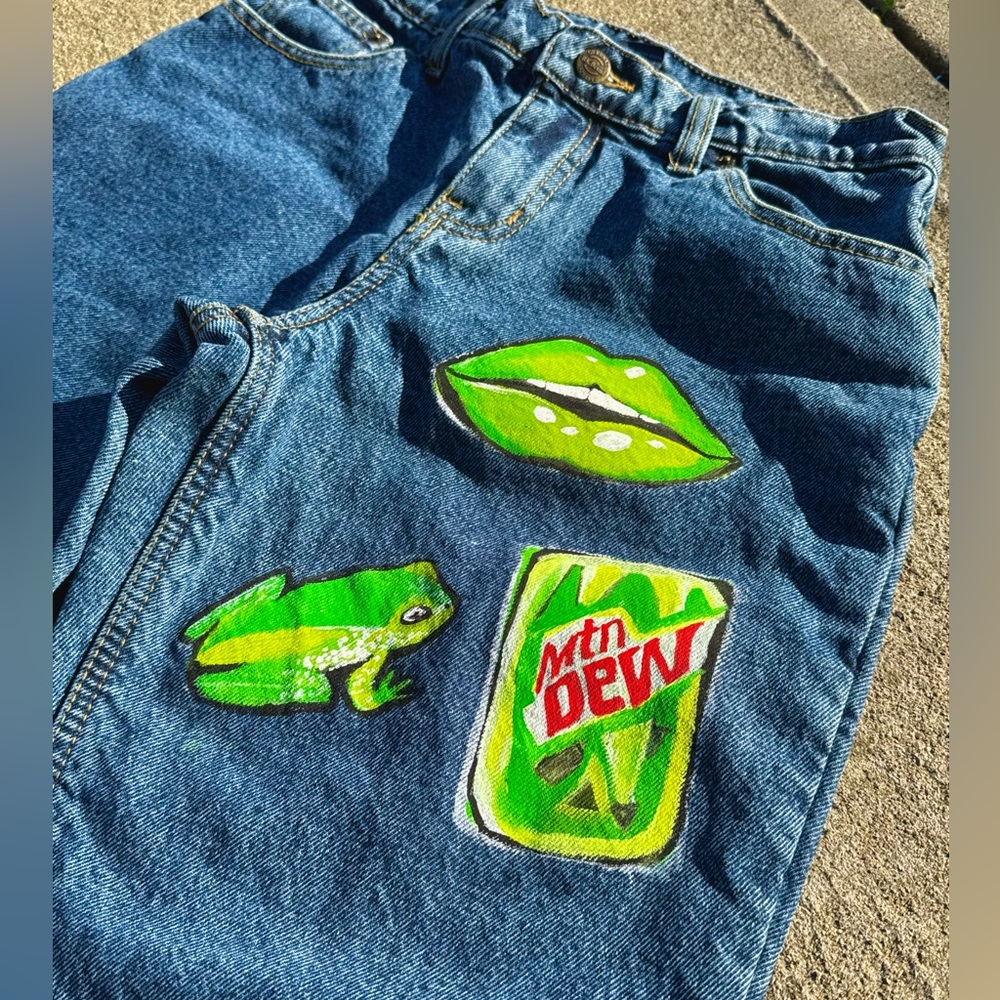 Blue Denim Jeans with Green Graphic Paint